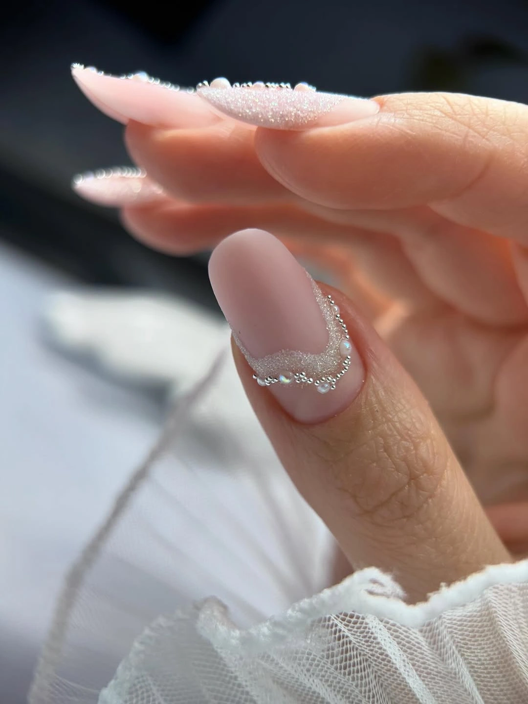 romantic fall wedding nails 2026 Soft Sugar Glitter Bridal Tips