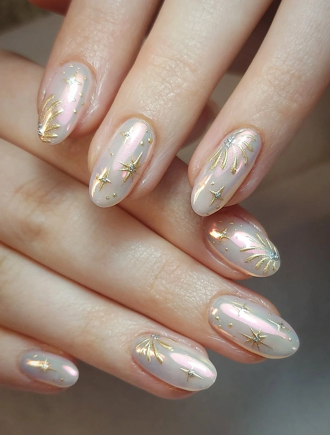 romantic fall wedding nails 2026 Golden Celestial Wedding Glow