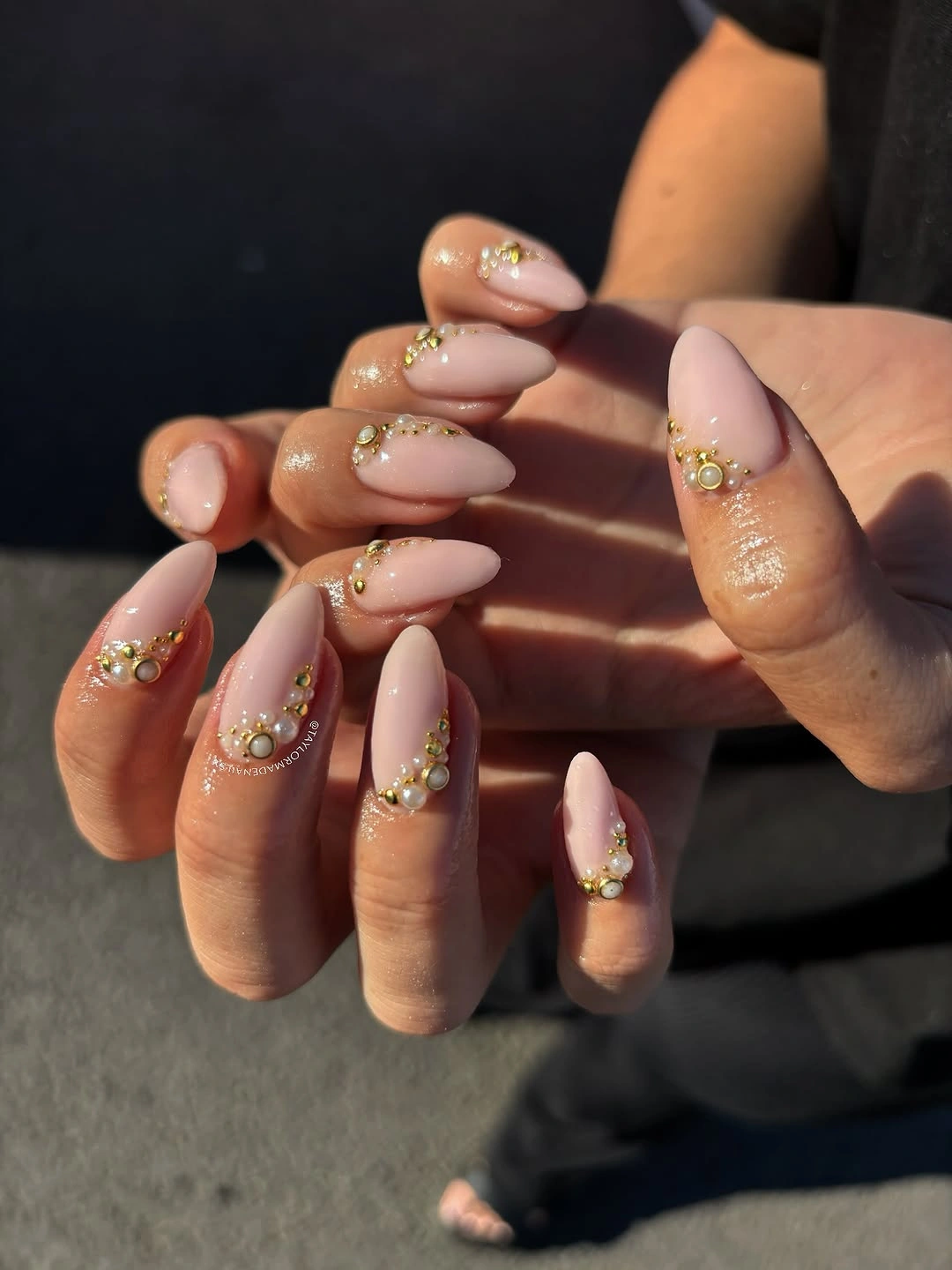 romantic fall wedding nails 2026 Blush Pearls With Golden Details