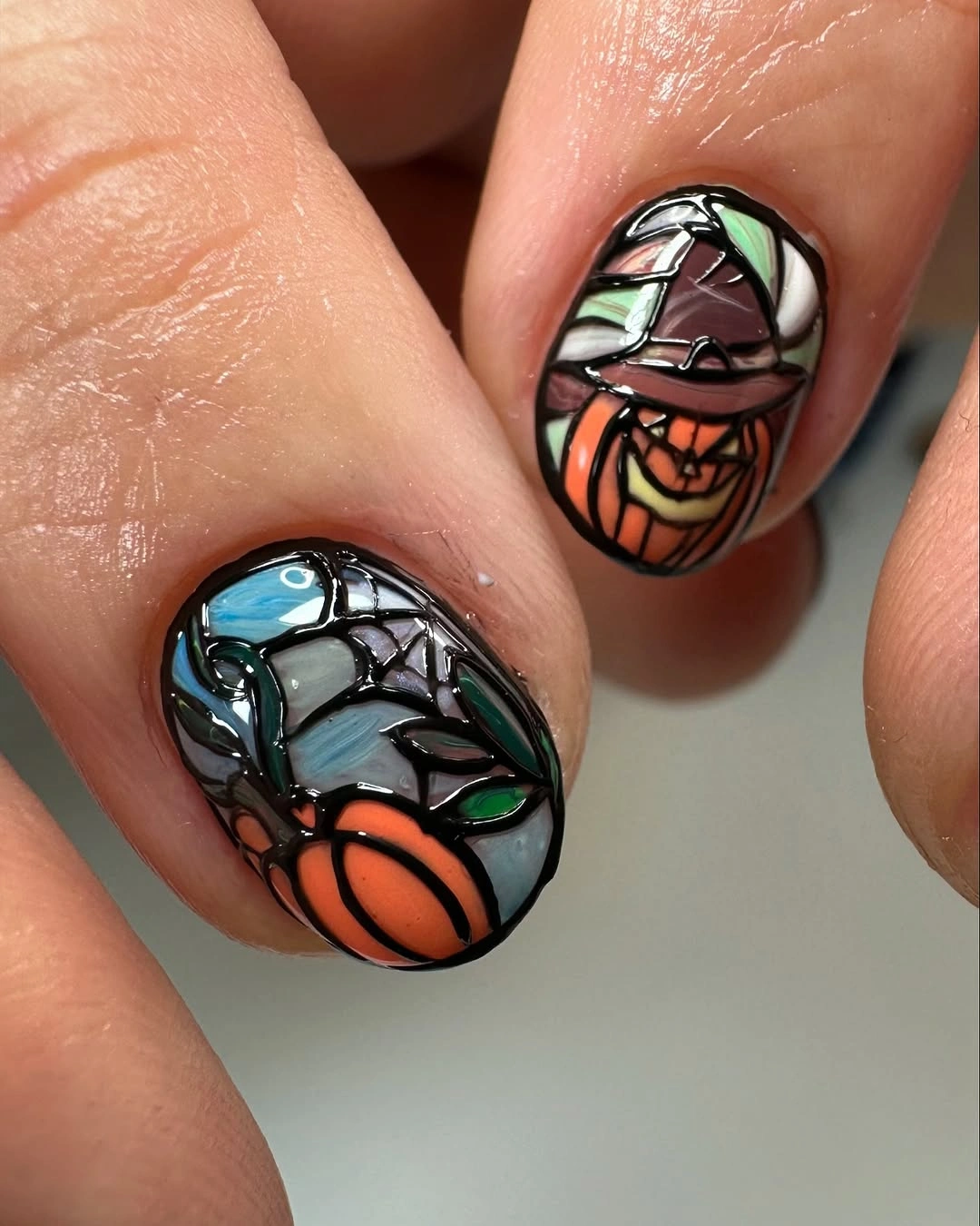 spooky halloween nail art 2026 Stained Glass Pumpkin Halloween Nails