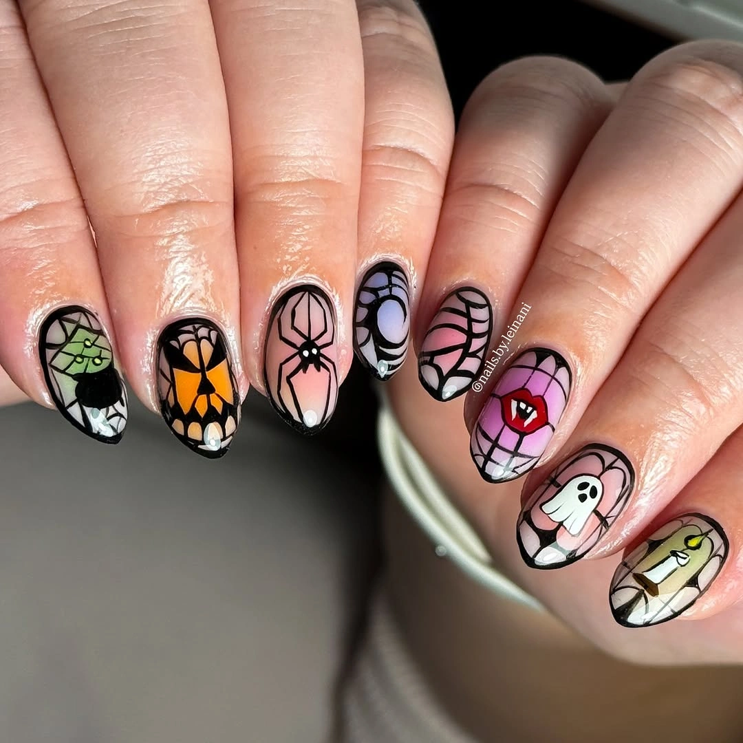 spooky halloween nail art 2026 Colorful Stained Glass Halloween Nails