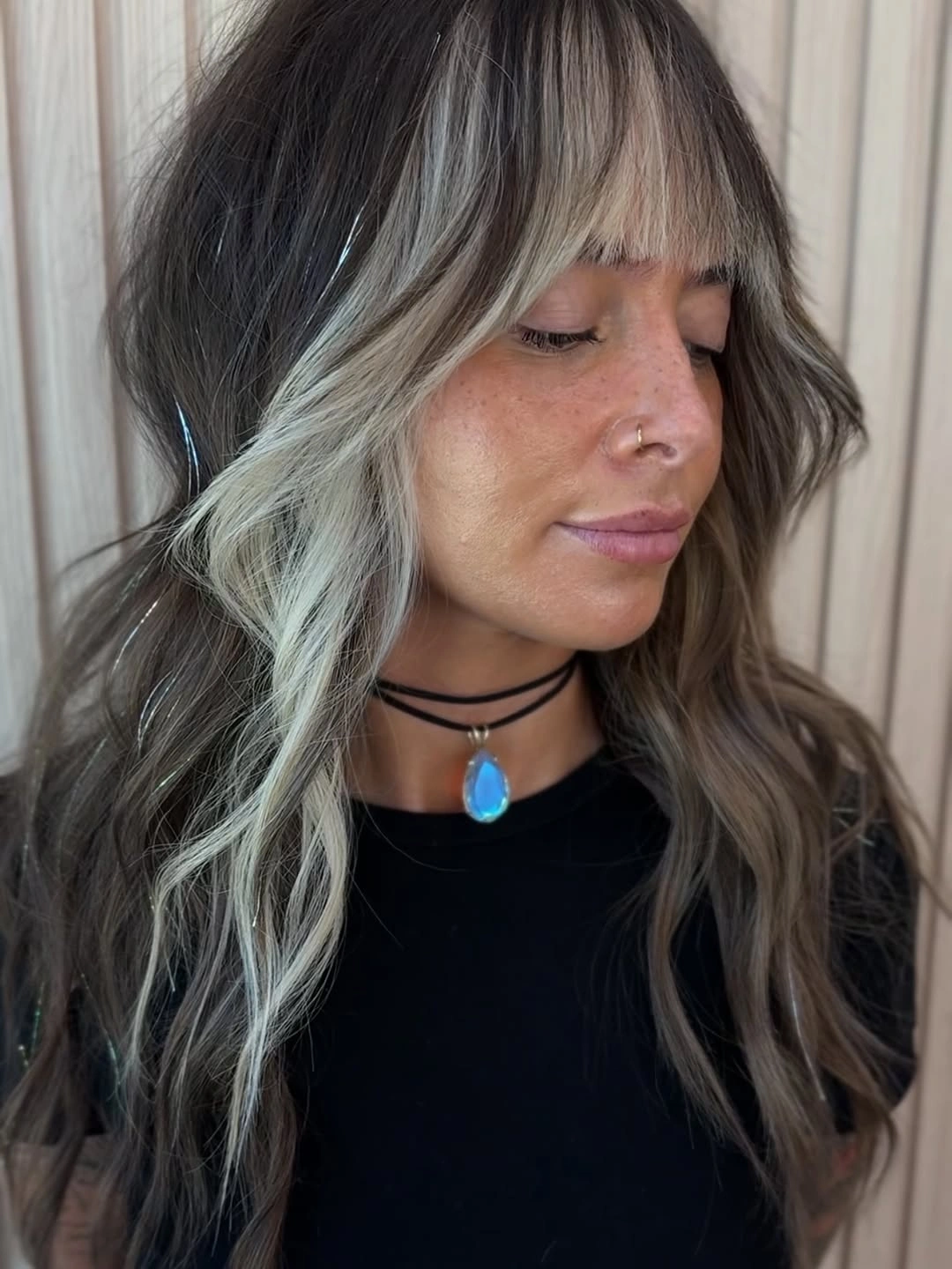 stunning september hair colour trends 2026 Brunette With A Dramatic Blonde Money Piece