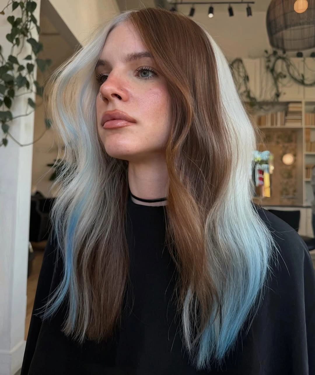 stunning september hair colour trends 2026 Half And Half Brunette With Icy Blue Ends
