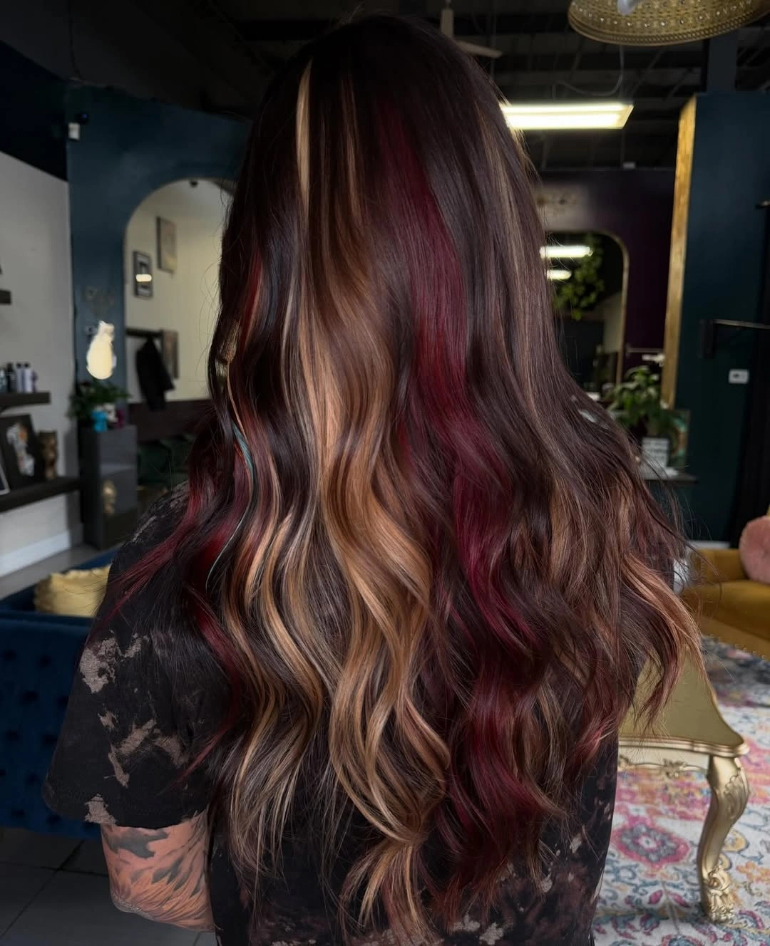 stunning september hair colour trends 2026 Chocolate Brunette With Copper Gold and Burgundy Ribbons