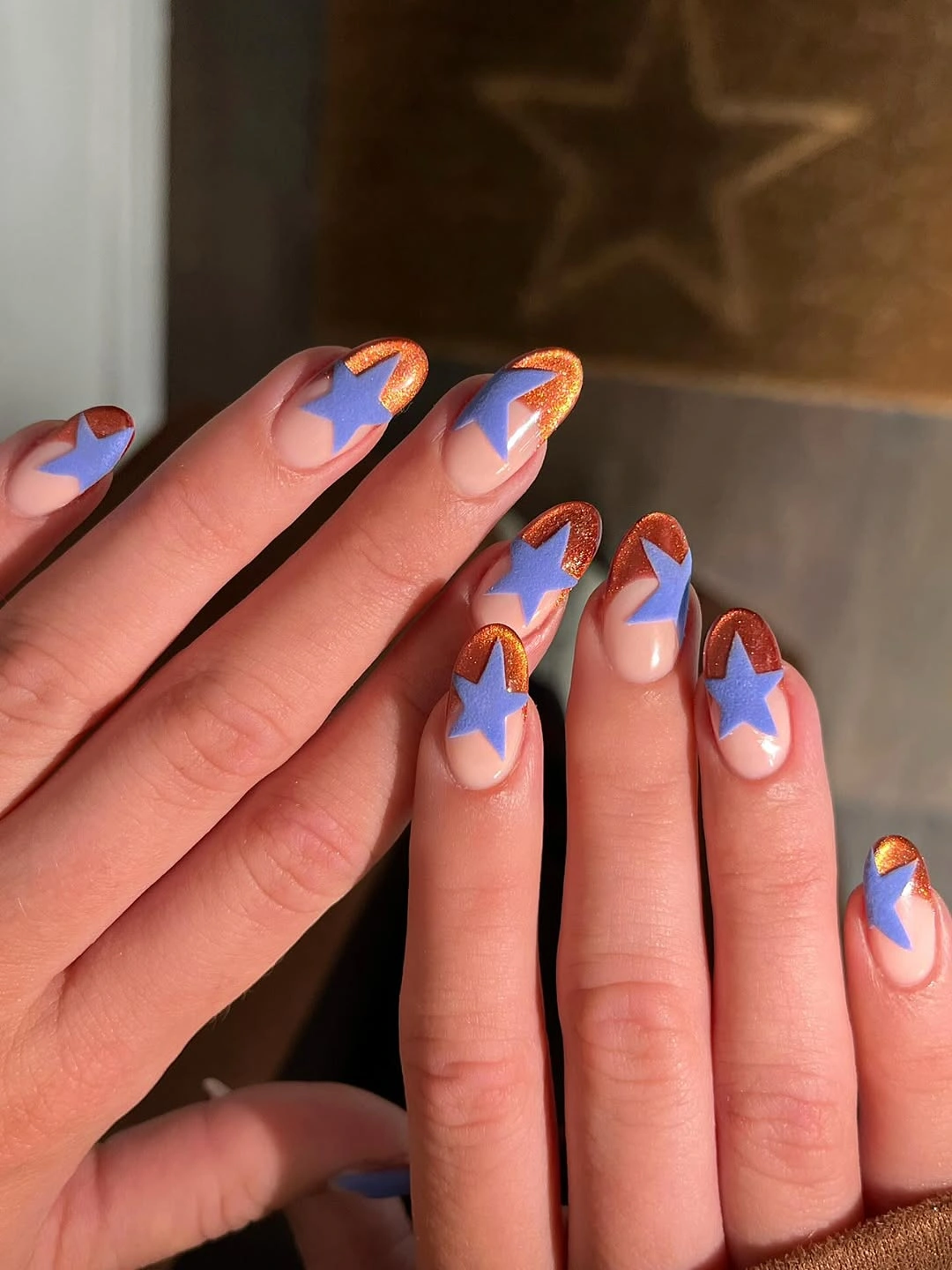 stylish fall dip nails 2026 Copper Tips and Lavender Stars