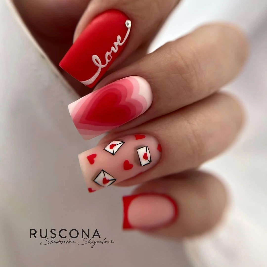 stylish fall dip nails 2026 Love Letter Red Square Nails