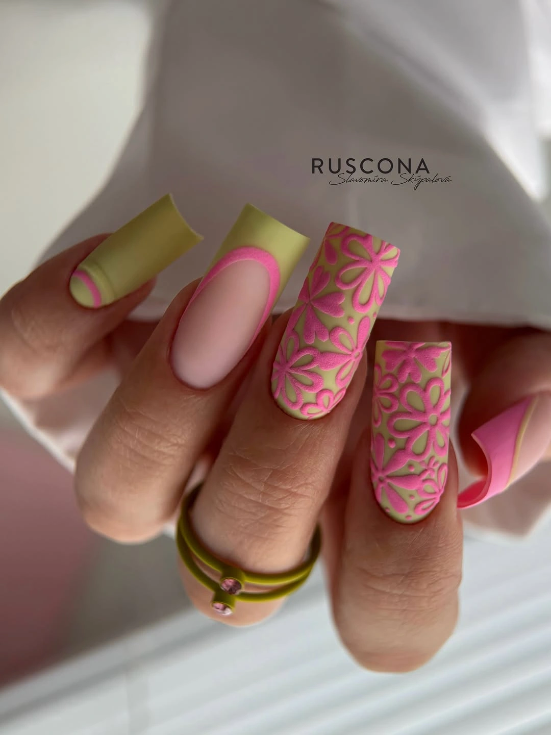 stylish fall dip nails 2026 Lime and Pink Floral Square Nails