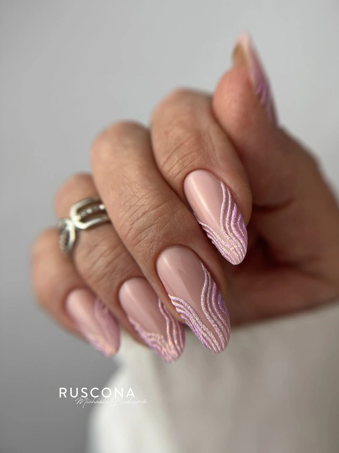 stylish fall dip nails 2026 Blush Almond Nails with Shimmering Waves