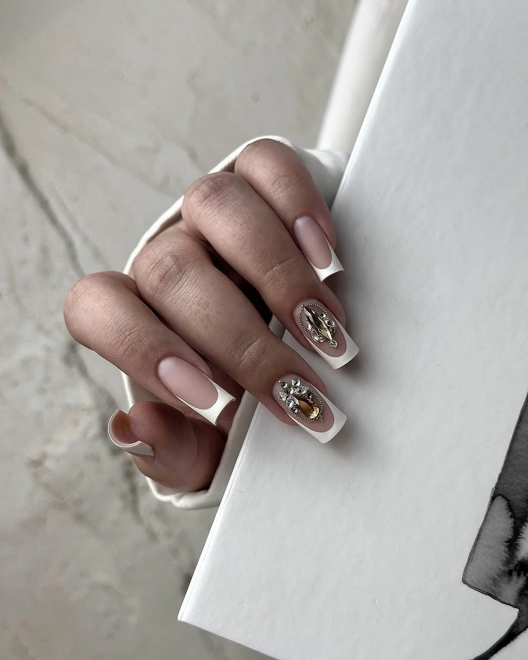 stylish fall french nails 2026 Luxury White French With Crystal Jewelry Details