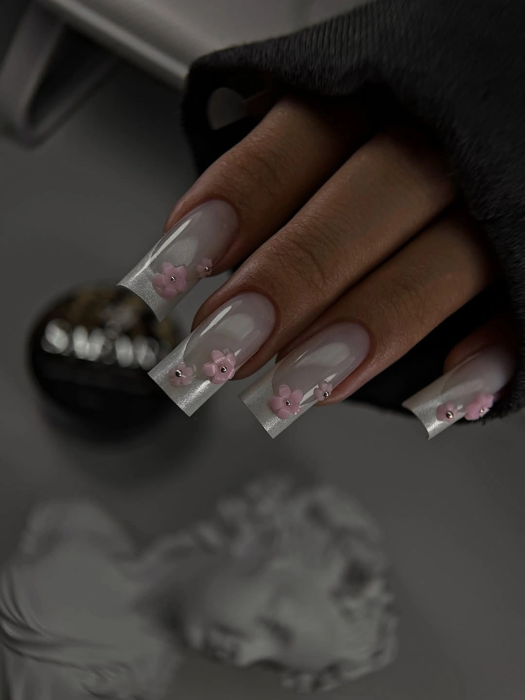 stylish fall french nails 2026 Floral Pearl French Elegance