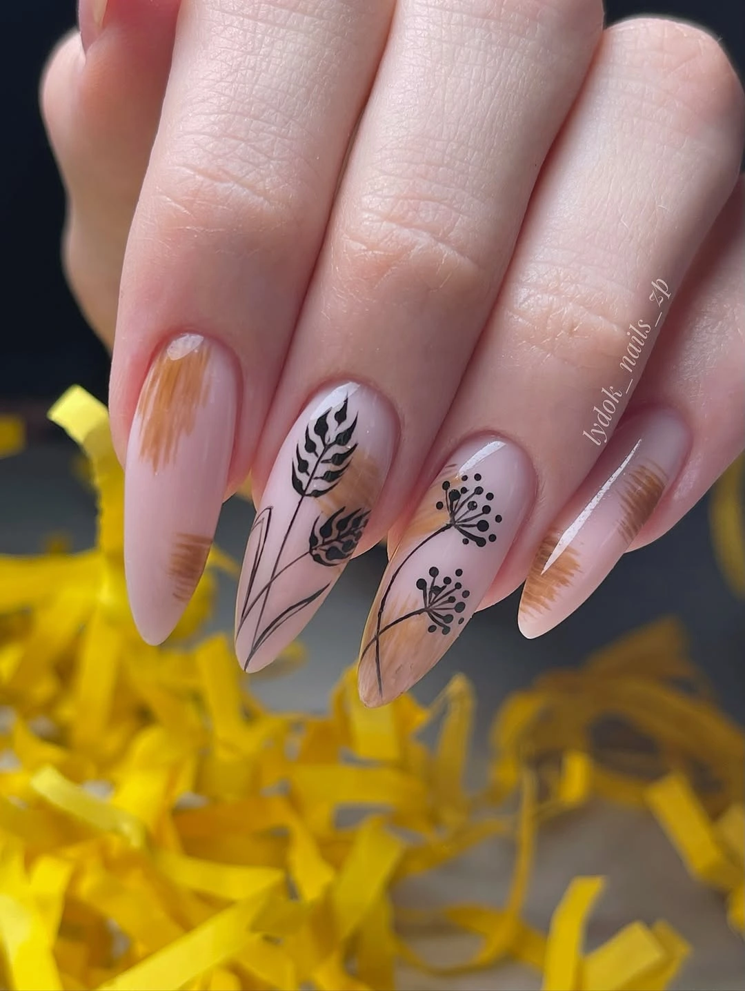stylish fall gel nails ideas 2026 Botanical Nude Nails With Autumn Details