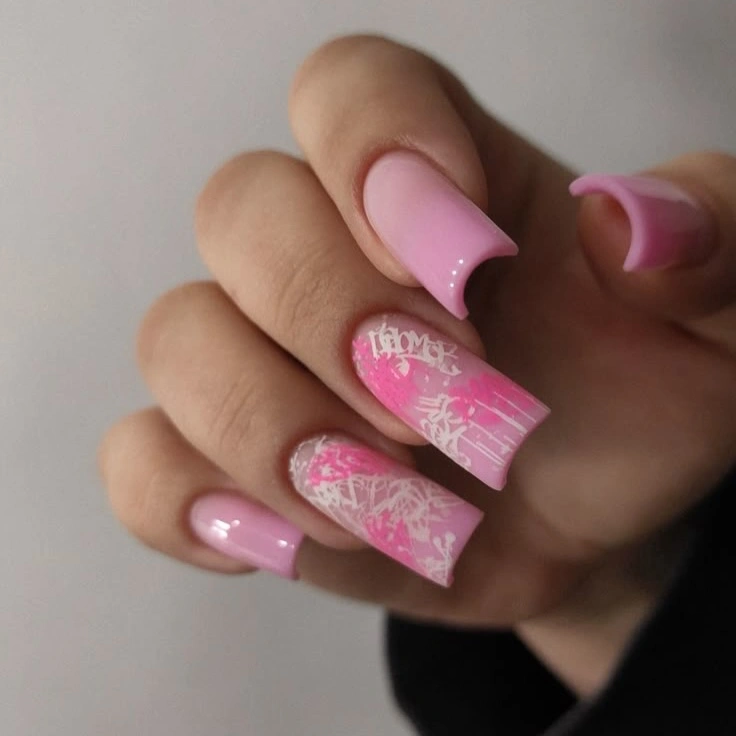 stylish fall gel nails ideas 2026 Playful Pink Graffiti Nails