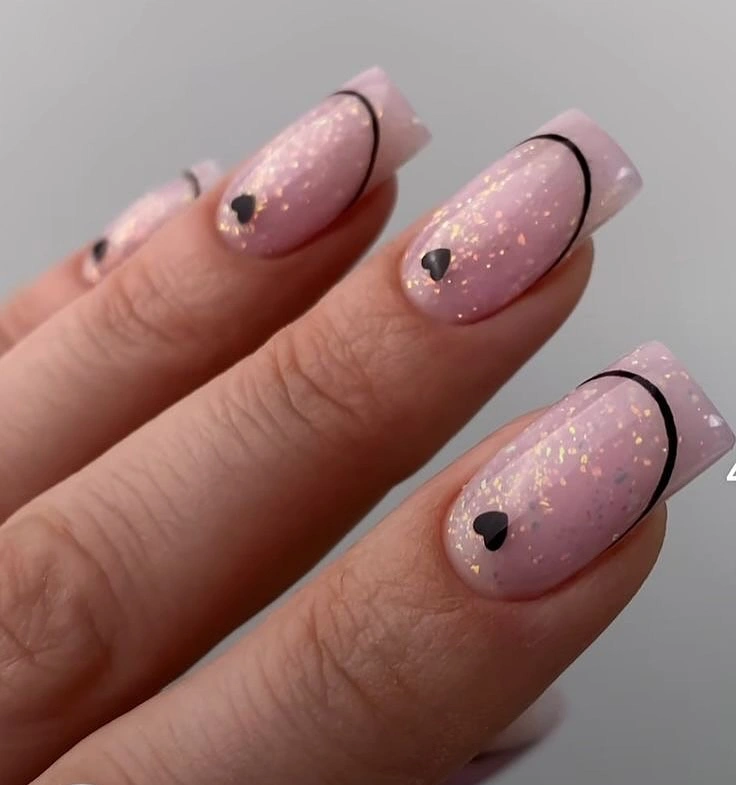 stylish fall gel nails ideas 2026 Pink Sparkle With Tiny Heart Details