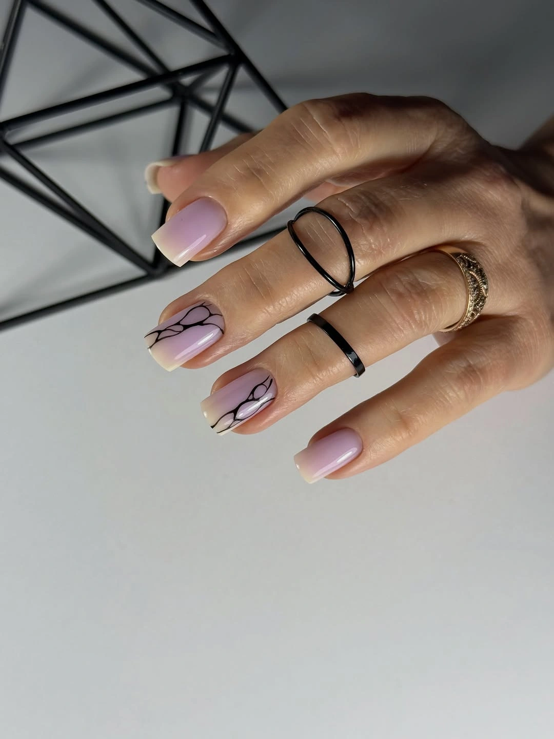 stylish fall gel nails ideas 2026 Soft Lilac Nails With Black Botanical Lines