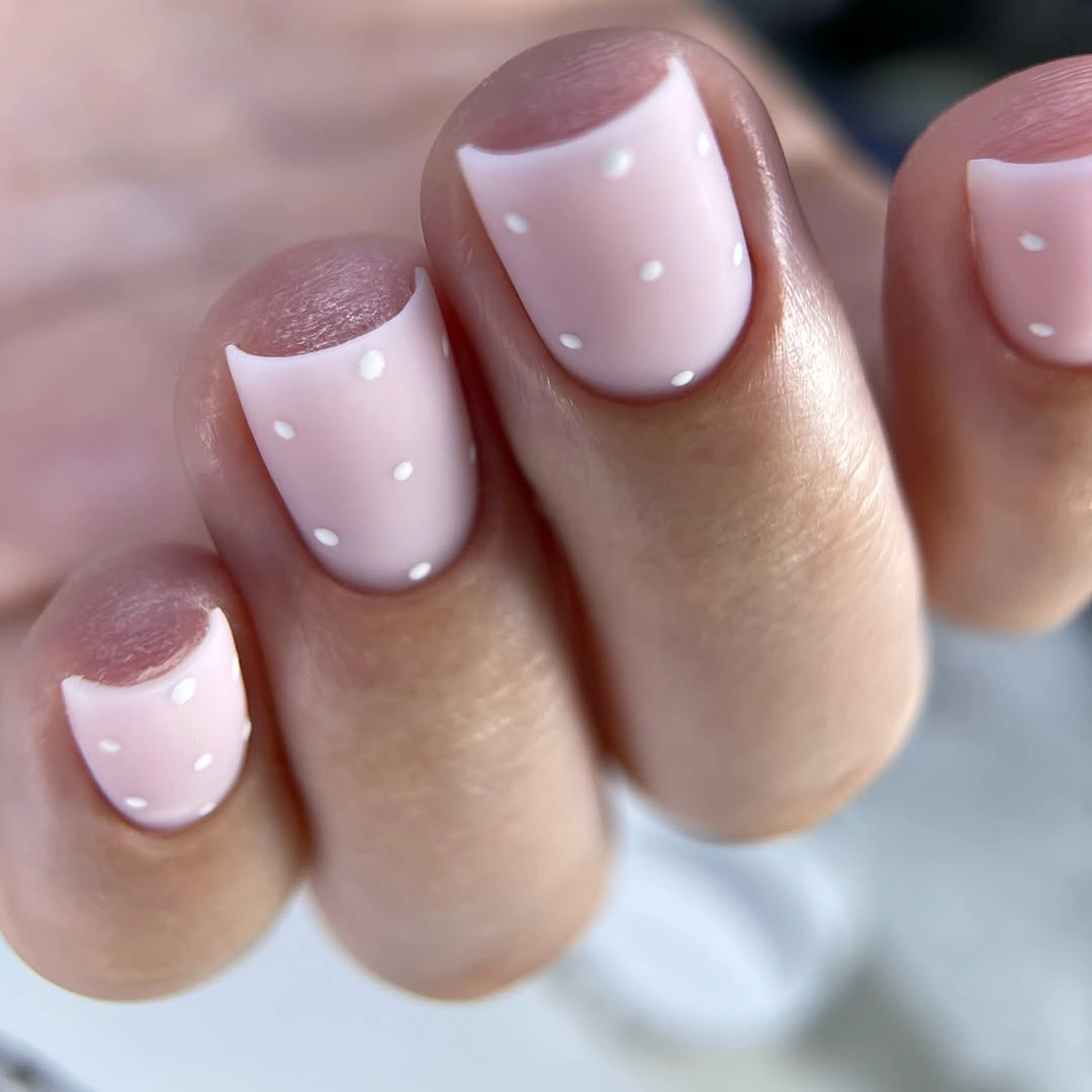 stylish fall nail designs square shape 2026 Minimal Blush Nails With Tiny White Dots