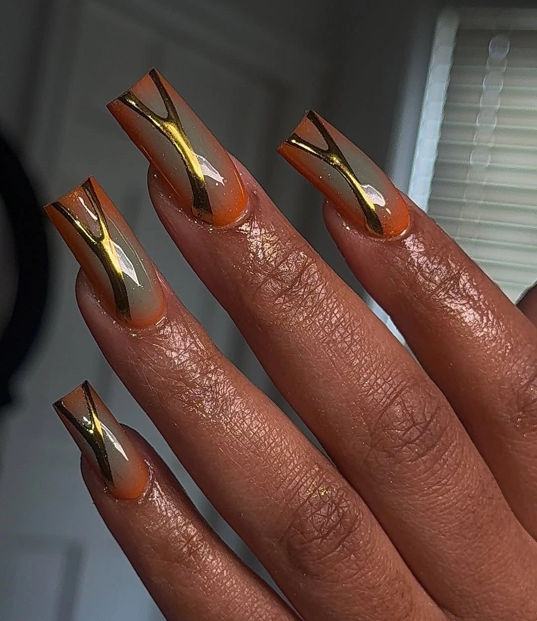 stylish fall nail designs square shape 2026 Golden Metallic Lines With Warm Amber Tones