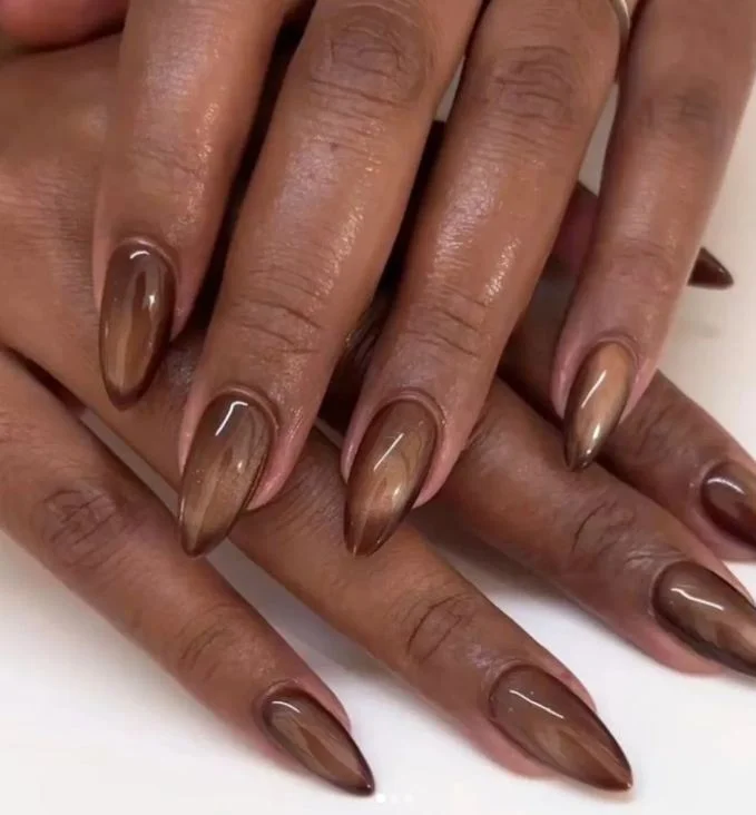 stylish fall nails for dark skin 2026 Smoky Cocoa Aura Nails
