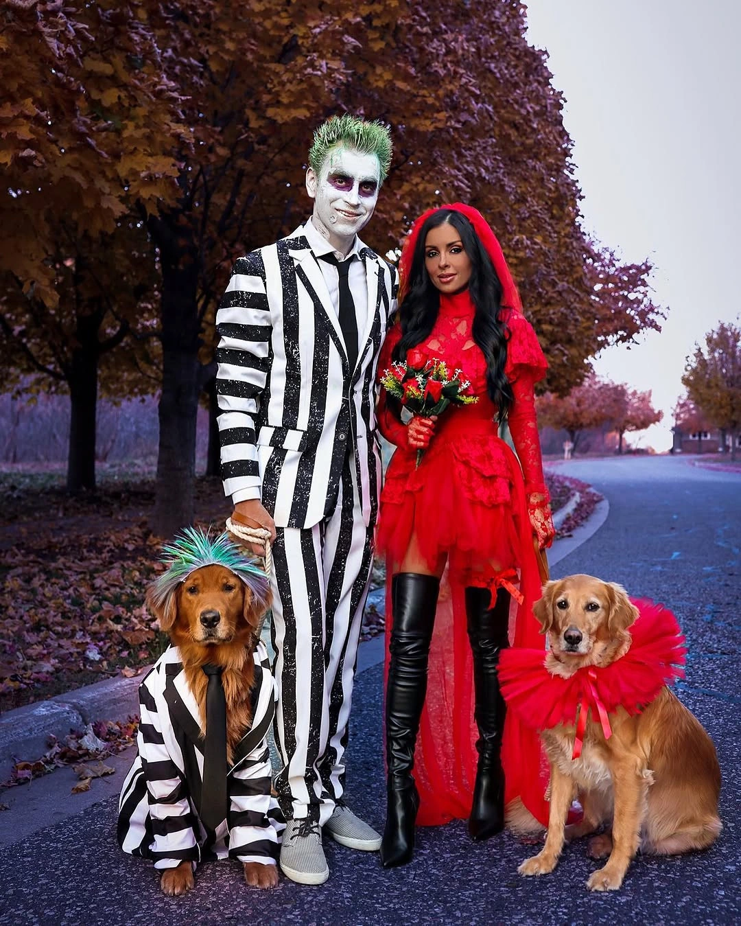 stylish halloween costume ideas 2026 Beetlejuice Couple With Gothic Glamour