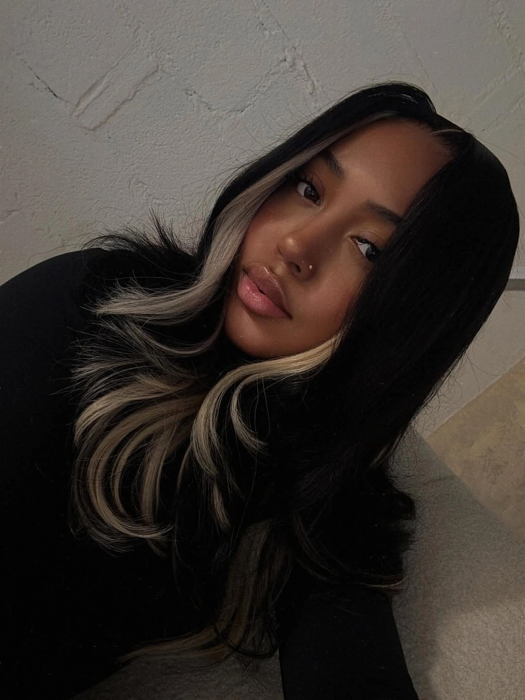 stylish middle parting hairstyles Black Hair With Bold Blonde Face Framing