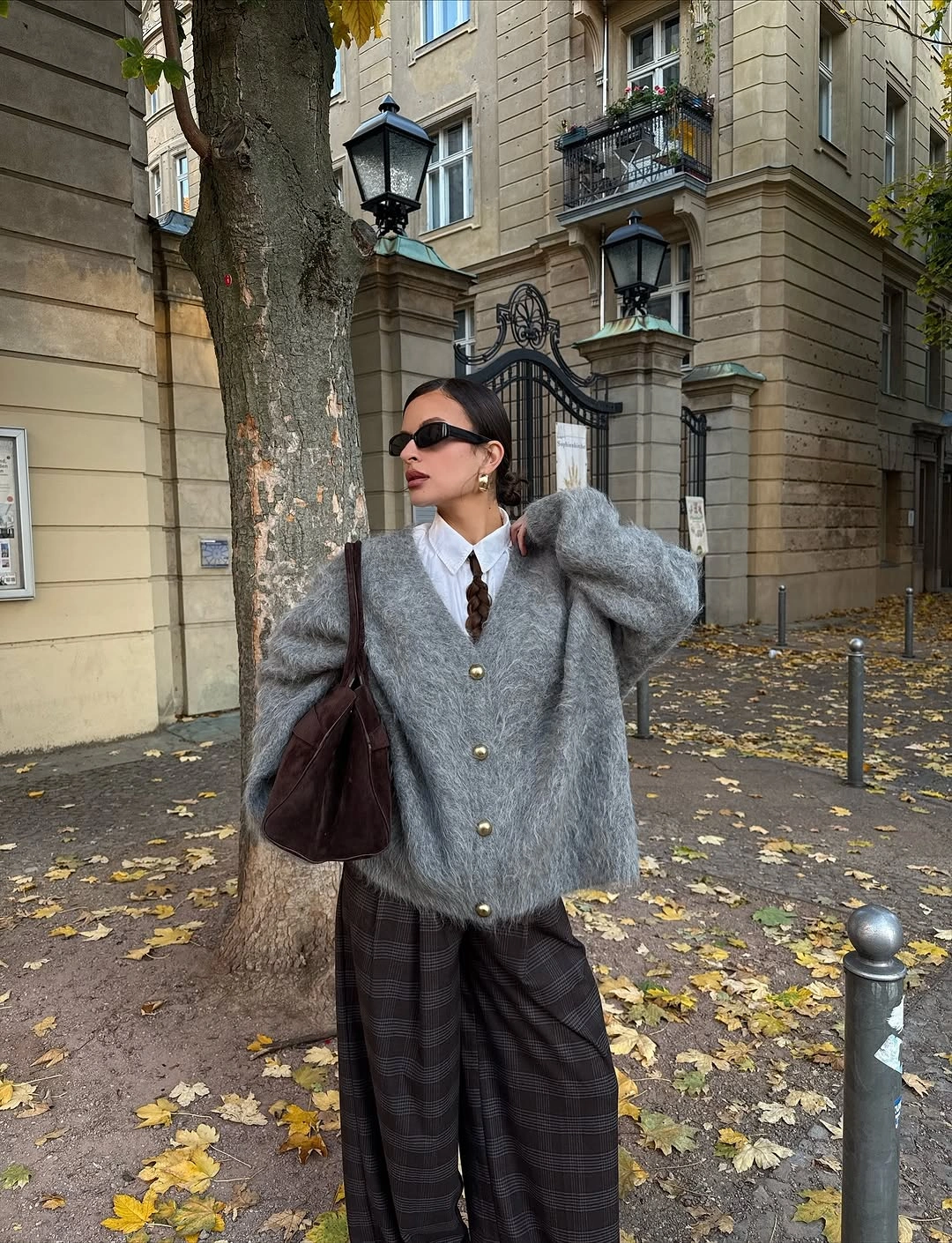 stylish october outfits ideas 2026 Fuzzy Gray Layers With Preppy Details