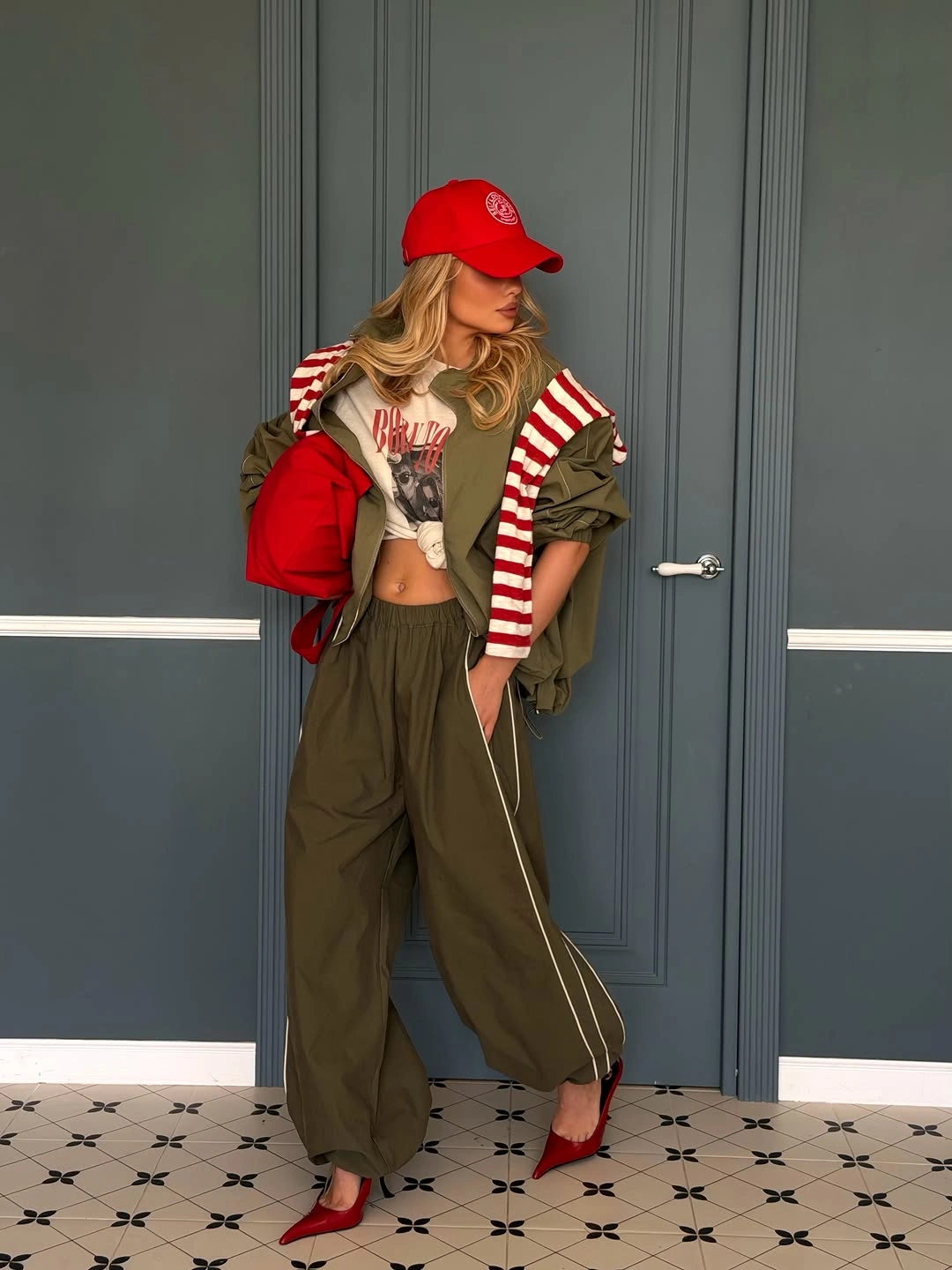 stylish october outfits ideas 2026 Sporty Olive Layers With a Red Fashion Accent