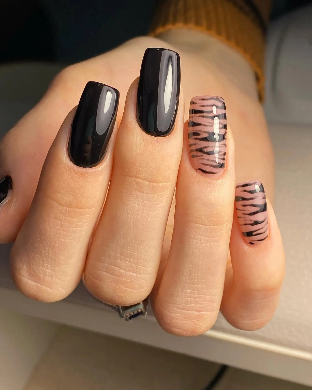 Trendy Dark Fall Nails 2026 Black Zebra Accent Design