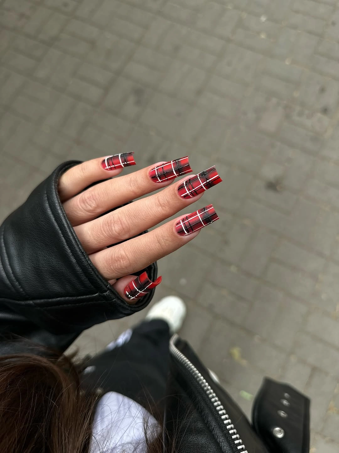 Trendy Dark Fall Nails 2026 Red Plaid Long Square Design