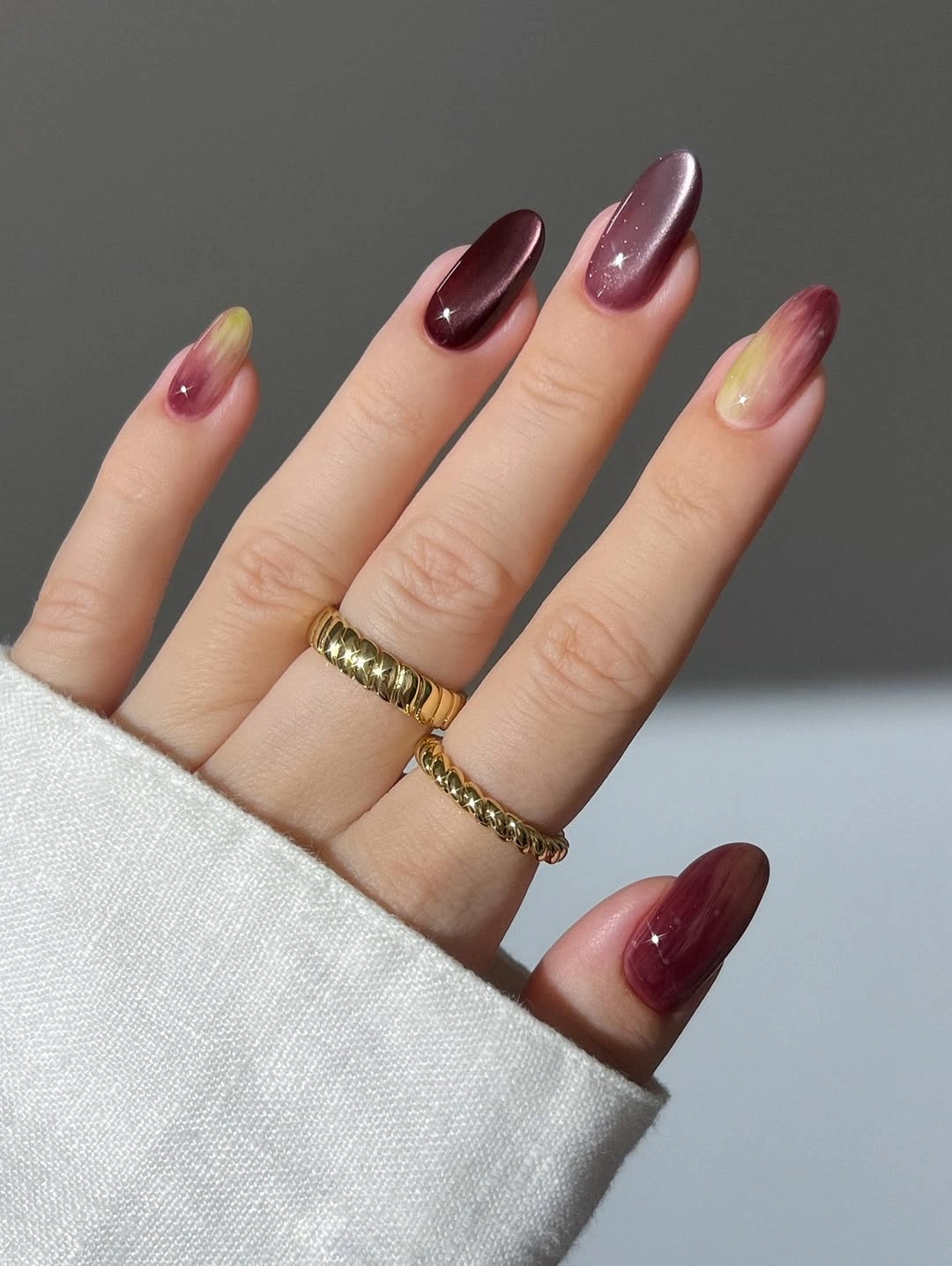 trendy fall burgundy nails with design Velvet Burgundy Almond Nails With a Soft Autumn Glow