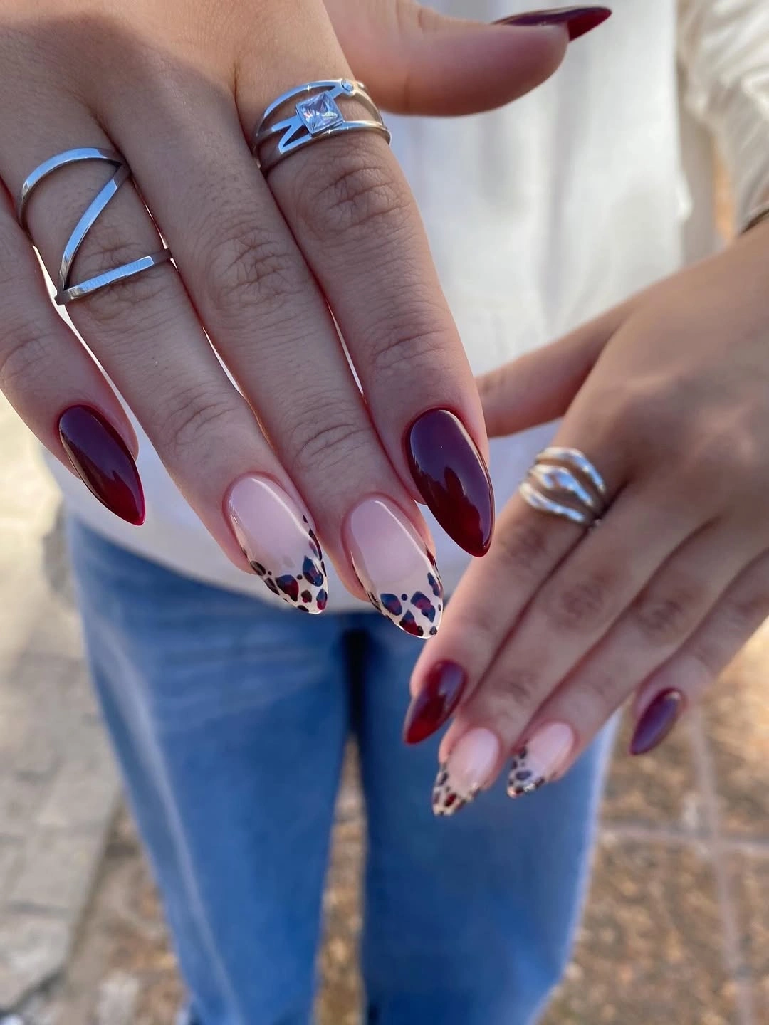 trendy fall burgundy nails with design Burgundy Almond Nails With Leopard French Tips