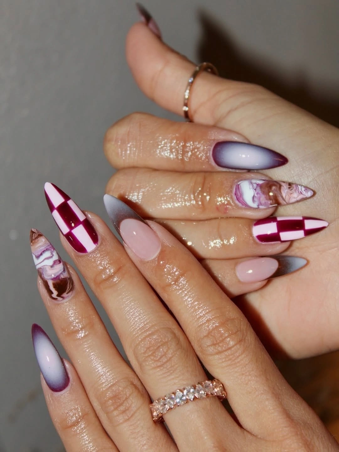 trendy fall burgundy nails with design Playful Burgundy Almond Nail Art With Checkerboard and Marble Details