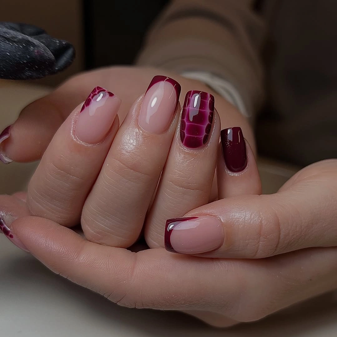trendy fall burgundy nails with design Short Square Burgundy French Tips With a Crocodile Accent
