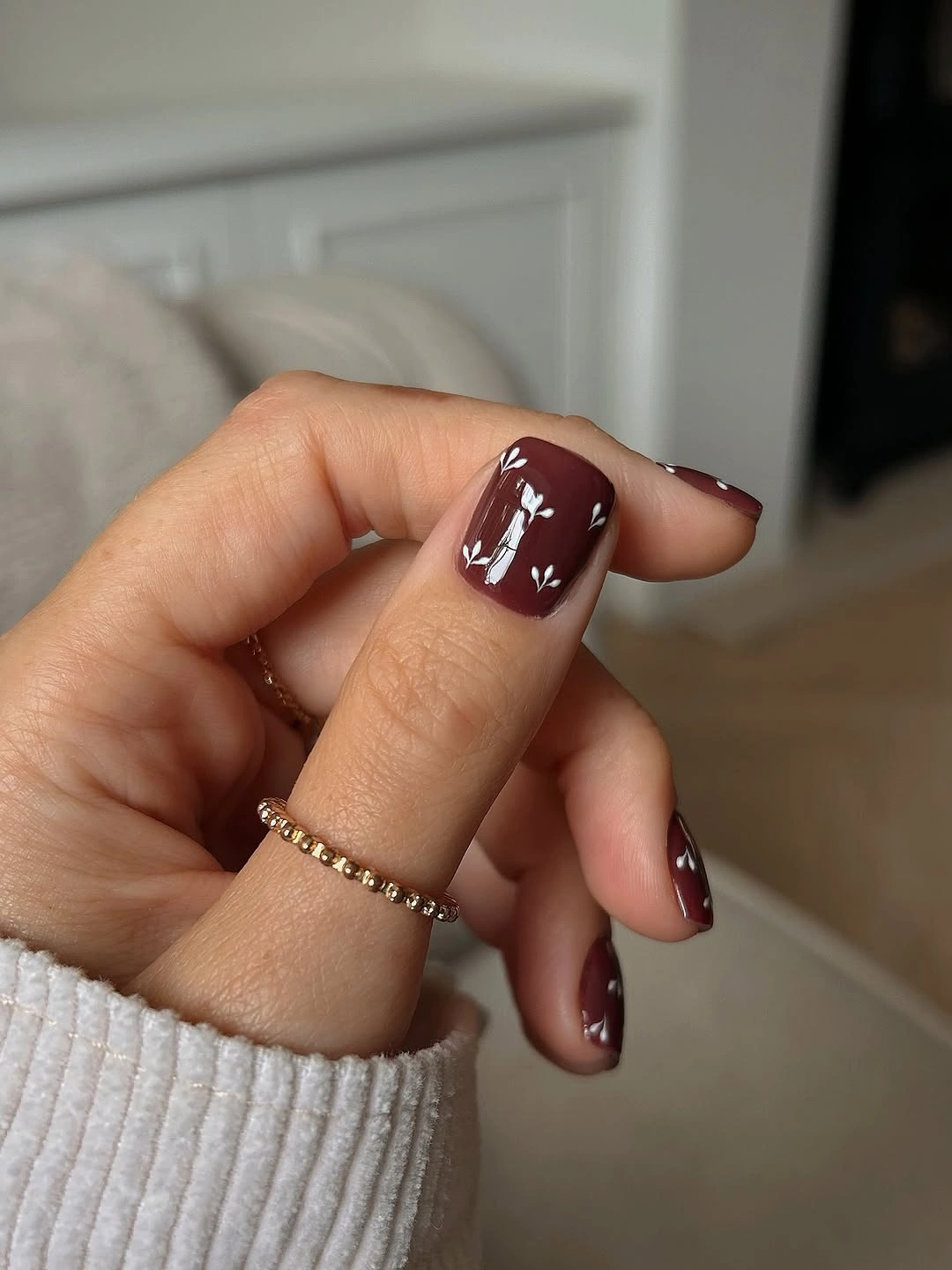 trendy fall burgundy nails with design Minimal Burgundy Blooms for Short Nails