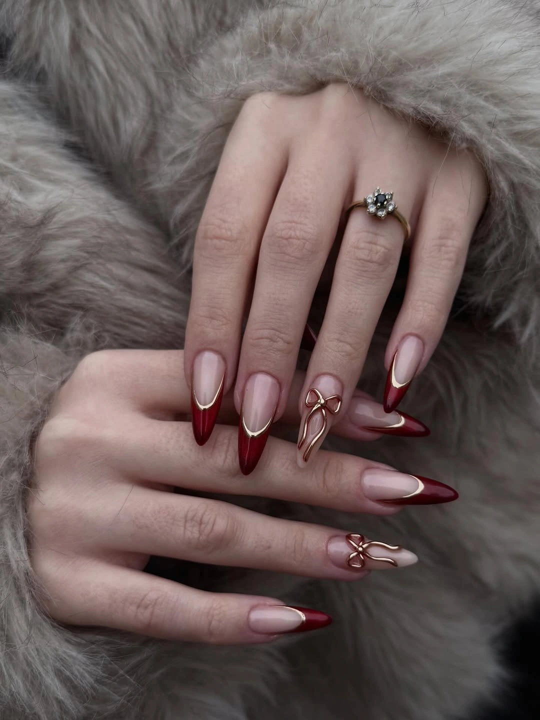 trendy fall burgundy nails with design Burgundy Almond French Tips With Gold Bow Details