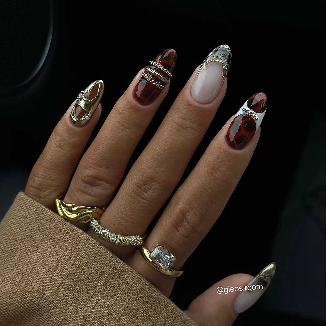 rich fall nails colors for dark skin Garnet Brown Nails With Gold Details