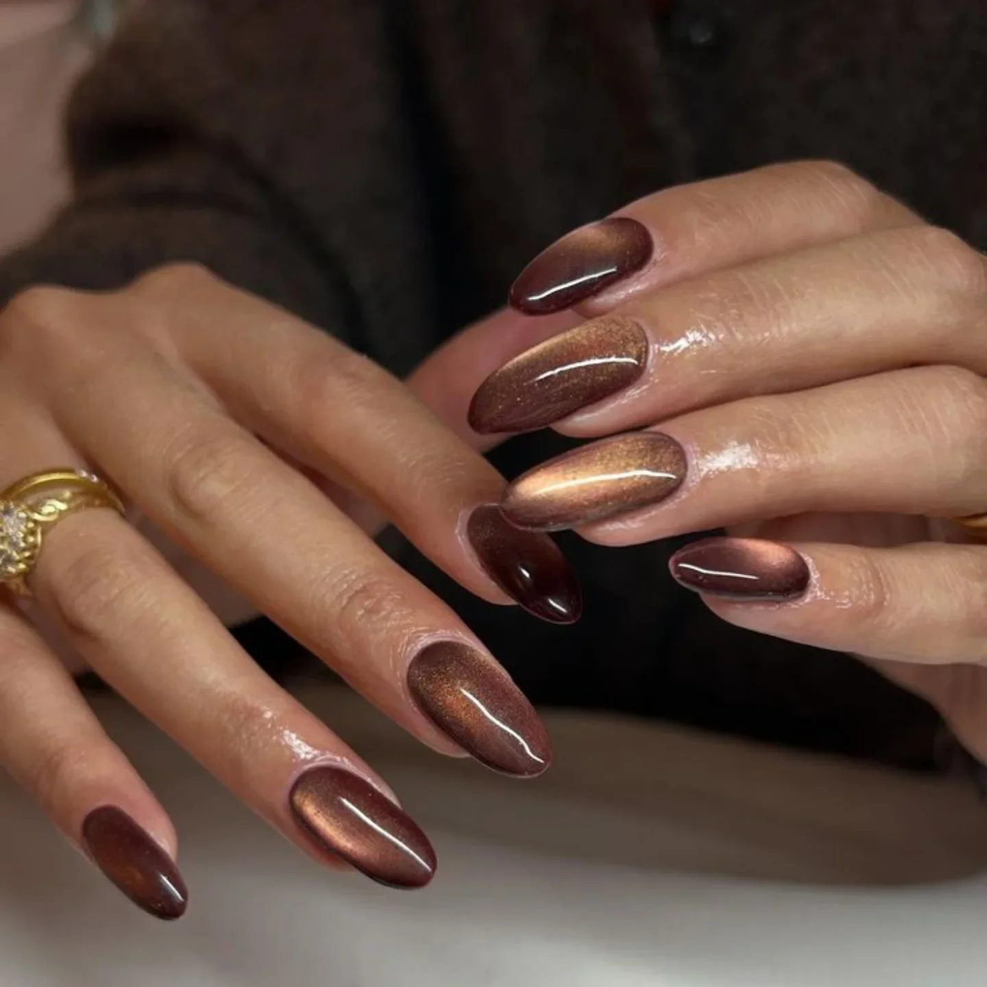 rich fall nails colors for dark skin Bronzed Chocolate Almond Nails