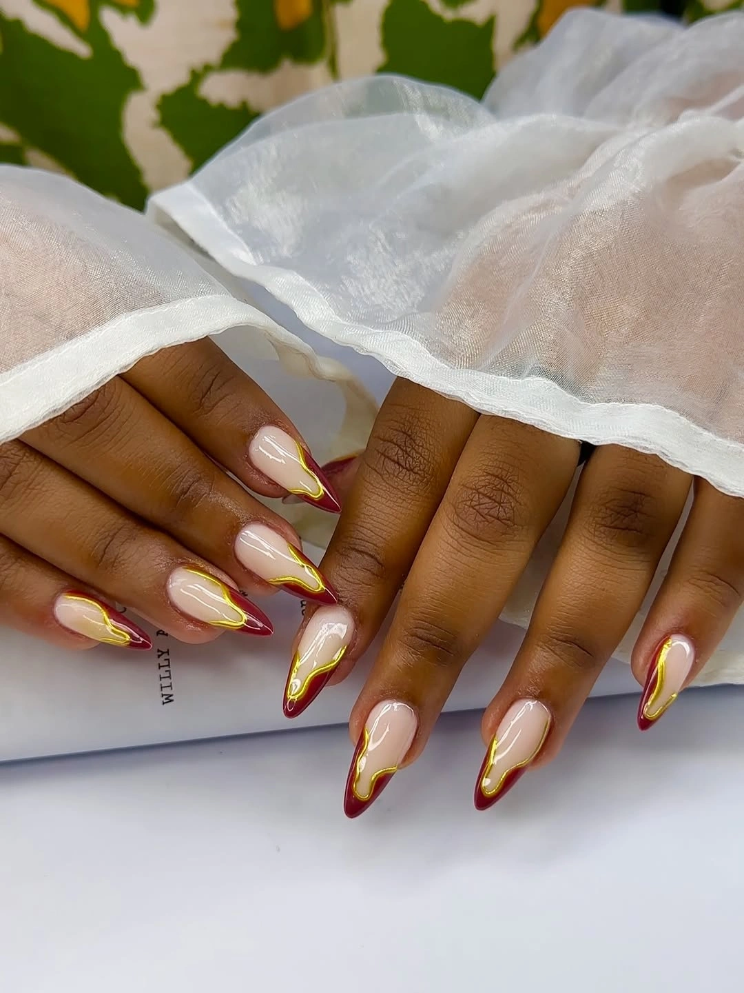 rich fall nails colors for dark skin Milky Nude With Burgundy and Gold Edges