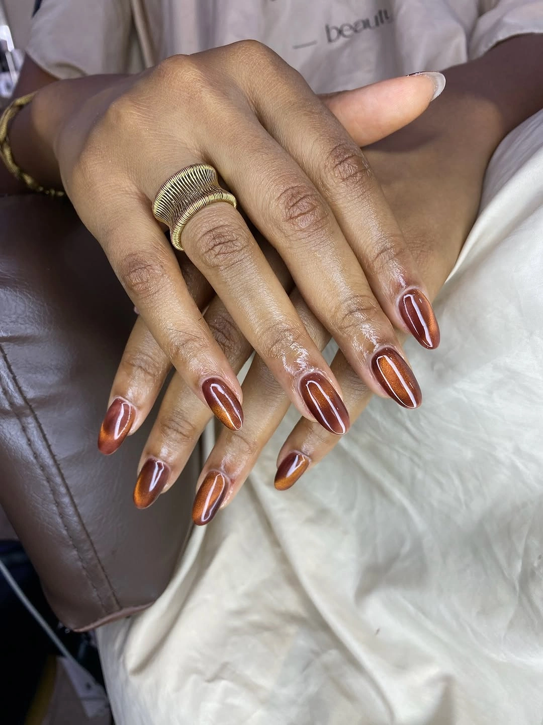 rich fall nails colors for dark skin burnt copper chrome almond nails