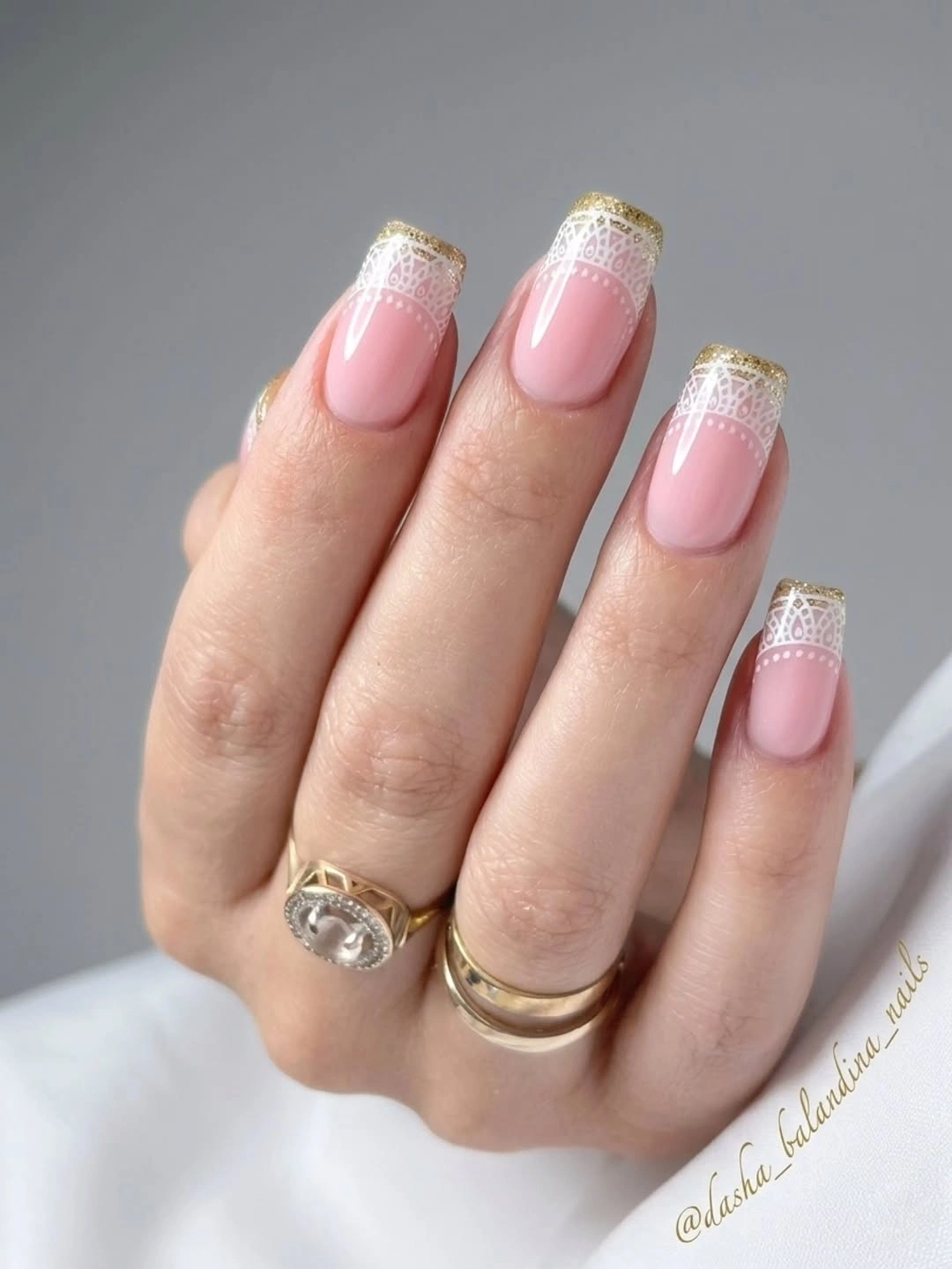 trendy fall nails for pale skin 2026 Pink Lace and Gold Details