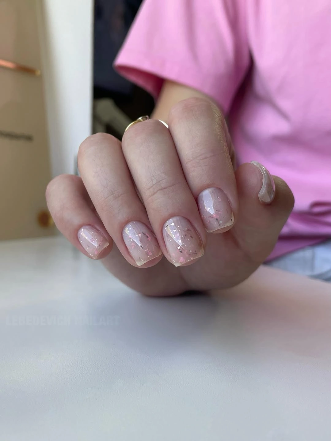 trendy fall nails for pale skin 2026 Sheer Pink With Iridescent Confetti