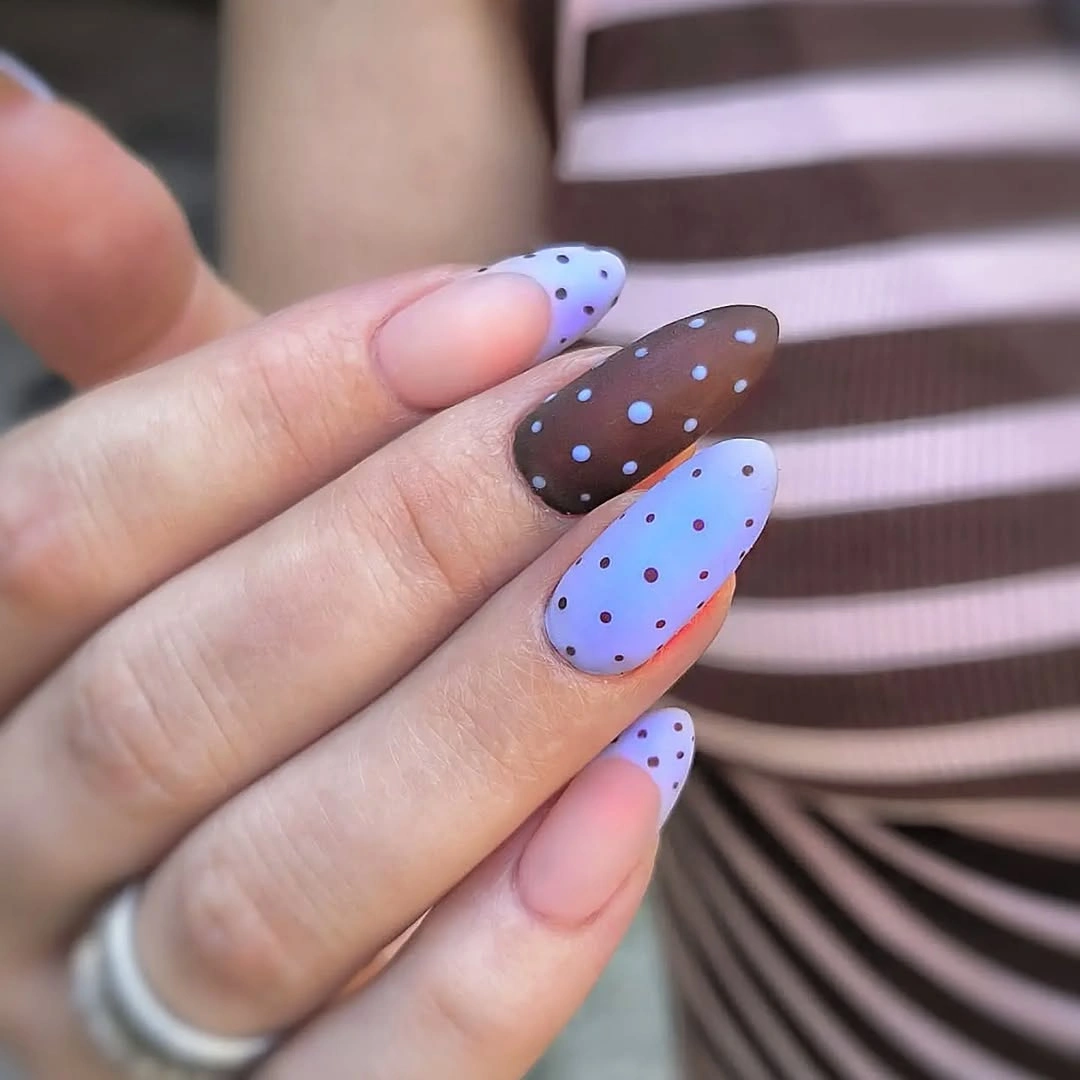 trendy fall nails for pale skin 2026 Mocha Nails With Lavender Dots