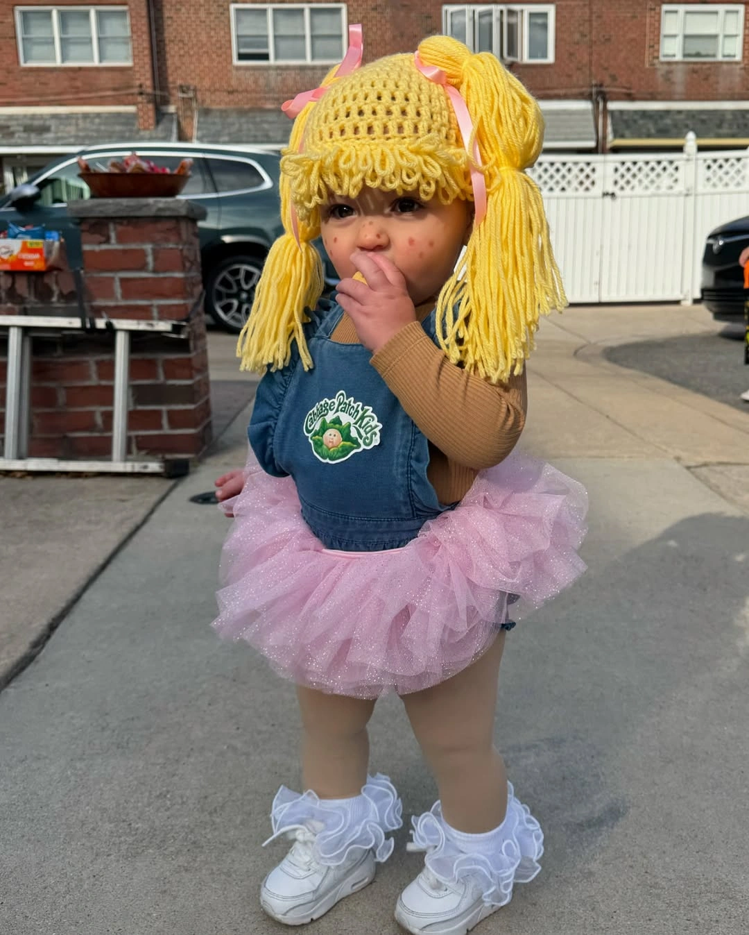 unique halloween costume for kids 2026 homemade yarn doll costume with pink tutu