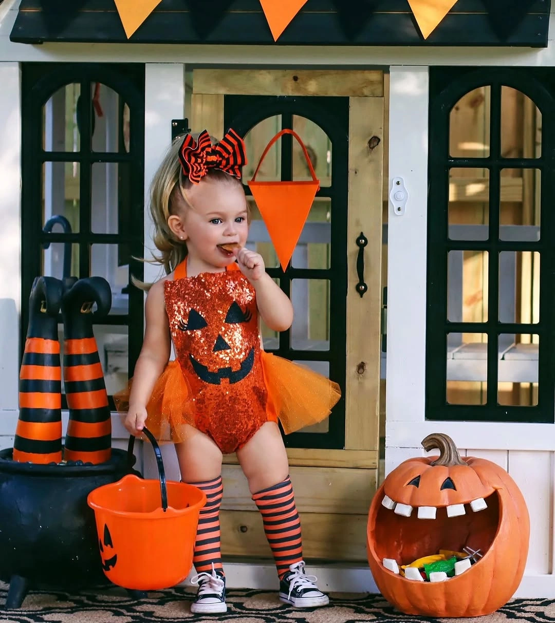 unique halloween costume for kids 2026 easy pumpkin costume with sequins and striped socks