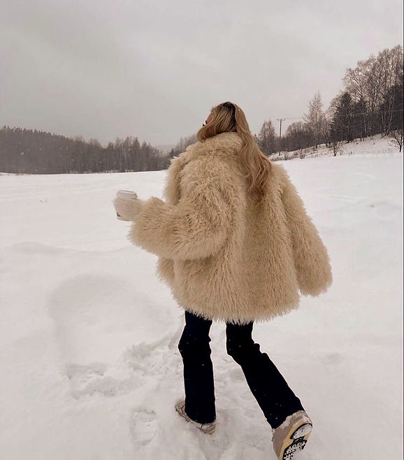 Cozy Cream Fuzzy Faux Fur Jacket in Winter Landscape Cozy Cream Fuzzy Faux Fur Jacket in Winter Landscape β Cold Weather Outfits