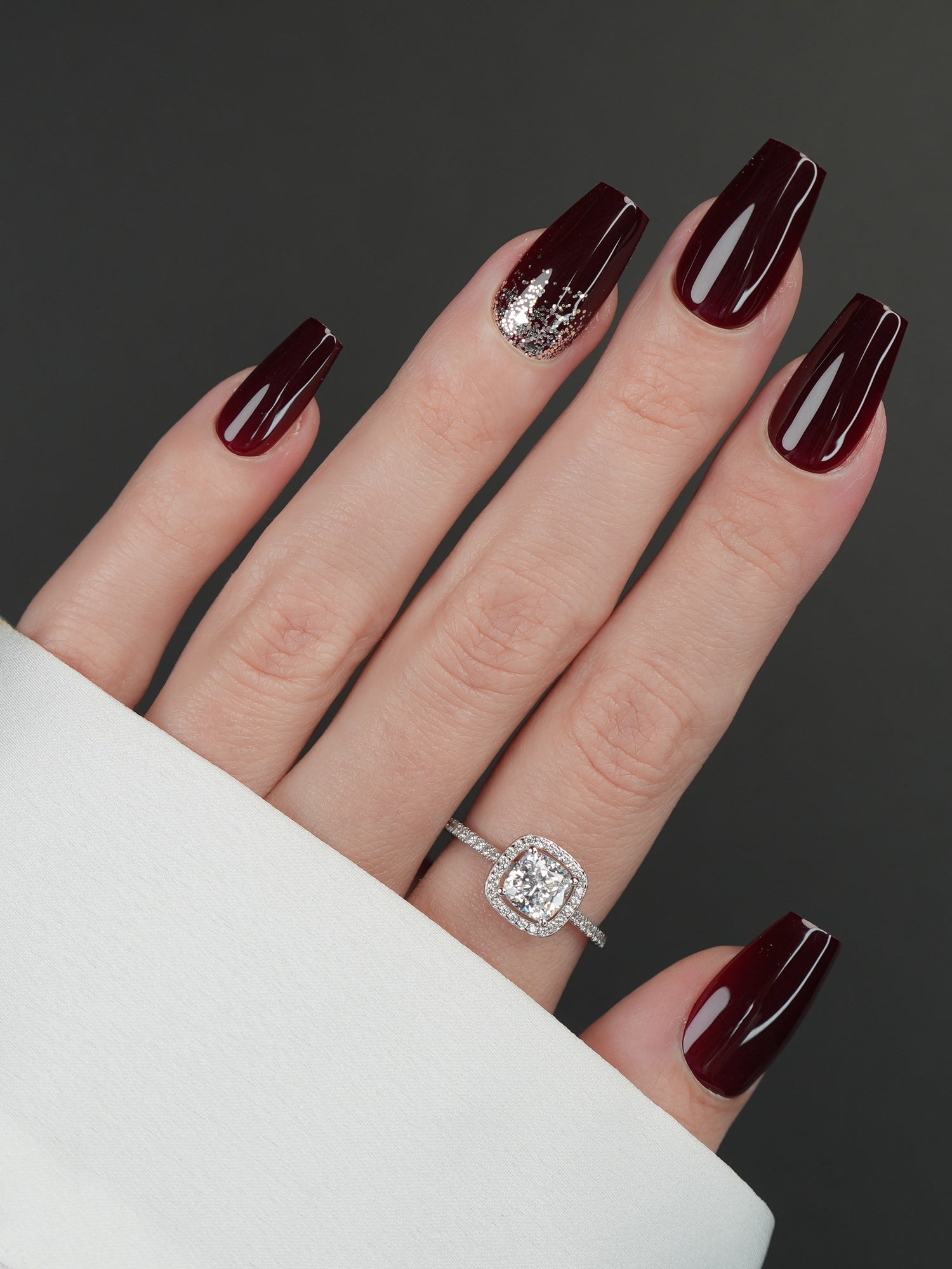 Deep Burgundy Coffin Nails with Glitter Accent Deep Burgundy Coffin Nails with Glitter Accent β Winter Coffin Nails