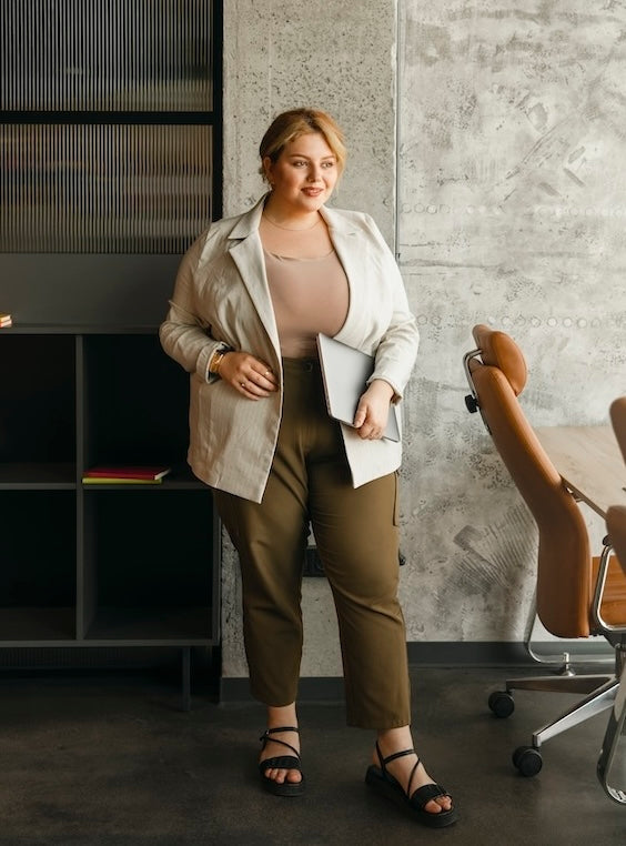 Business Casual Beige Blazer Over Olive Green Trousers — Winter Outfits for Curvy Women