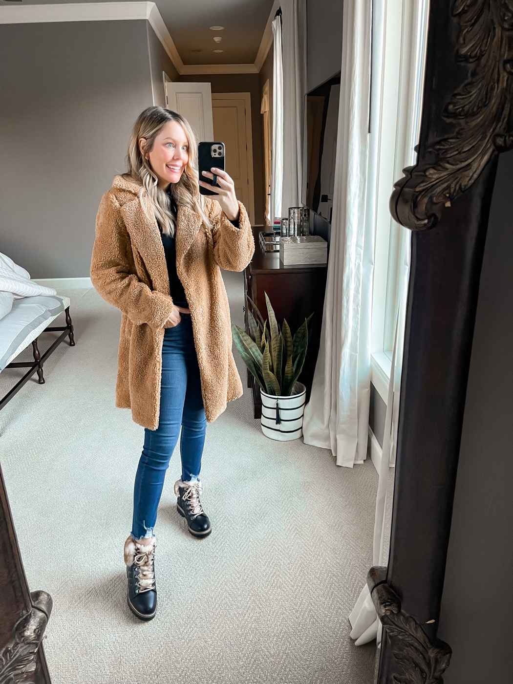 Casual Teddy Coat Over Black Turtleneck and Blue Jeans Casual Teddy Coat Over Black Turtleneck and Blue Jeans β Comfy Winter Outfits