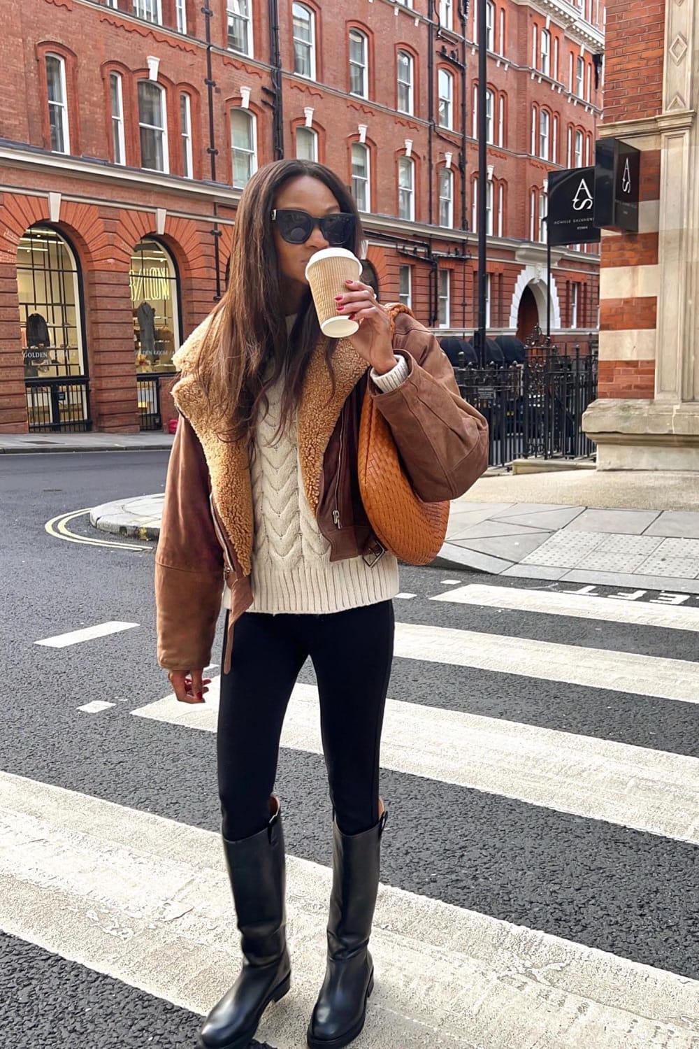 Shearling Jacket and Cable Knit for City Comfort — Winter Outfits