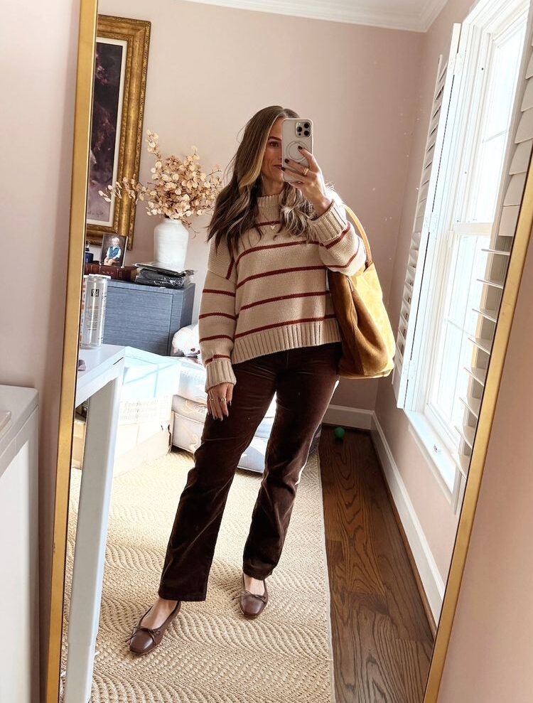 Striped Knit Sweater with Corduroy Trousers and Ballet Flats Striped Knit Sweater with Corduroy Trousers and Ballet Flats β Casual Winter Outfits