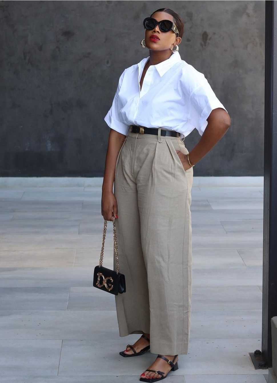 Smart Casual Beige Trousers with a White Button-Up Shirt — Winter Outfits for Curvy Women
