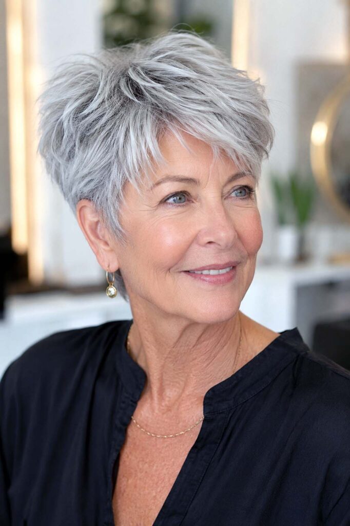 Silver Grey Pixie Shag — Winter Haircuts for Thick Hair